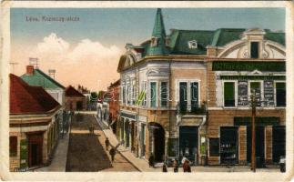 1919 Léva, Levice; Kazinczy utca, Osztrák-Magyar Bank, Barsmegyei népbank, Fonciere Pesti Biztosító, Borcsányi és Csernák üzlete. Schulcz Ignác kiadása / street view, bank, insurance company, shops (kopott sarkak / worn corners)