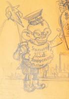 Ék Sándor (1902-1975): Szamuráj, USA kedvence (karikatúra). Ceruza, papír, jelzés nélkül. Üvegezett ...