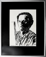 Victor Vasarely (1908-1997): Önarckép. Szitanyomat, papír. Jelzett a nyomaton. 24x18 cm. Üvegezett fakeretben. / Victor Vasarely (1908-1997): Self-portrait. Serigraphy on paper. Signed on the serigraphy. 24x18 cm. Framed