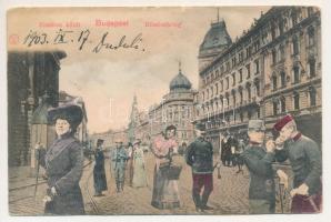 1903 Budapest VIII. Erzsébet körút, Blaha Lujza tér. Montázs urakkal és hölgyekkel, katonákkal (r)