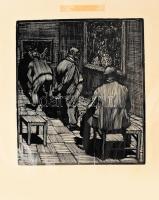 Preslav Borisov Karshovski (1905-2003), bolgár művész/Bulgarian artist: Kritikusok a kiállításon, 1934. Fametszet, papír, jelzett, lap tetején paszpartuzás nyomaival, 22×19,5 cm