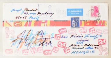 Joseph Kadar (1936-2019): Mail art mű. Vegyes technika, papír, jelzett. Kartonra kasírozva. 11x22 cm