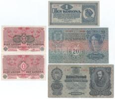 1913. 20K felülbélyegzés nélkül + 1916. 1K (2x, egyiken zöld "DEUTSCHÖSTERREICH felülbélyegzés) + 1920. 1K + 1930. 20P T:VF,F