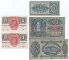 1913. 20K felülbélyegzés nélkül + 1916. 1K (2x, egyiken zöld "DEUTSCHÖSTERREICH felülbélyegzés)...