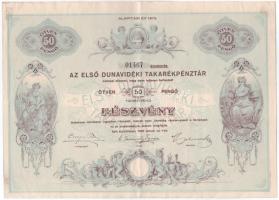 1930 Kiskőrös 1930. "Az Első Dunavidéki Takarékpénztár" részvénye 50P-ről szelvényekkel, szárazpecséttel T:VF