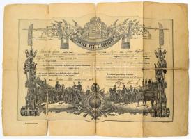 1883 Léva, Díszes honvéd végelbocsátó (obsit) a cs. és kir. 26 sz. gyalogezred gyalogos honvédja részére, az ipolysági 62. sz. honvédzászlóalj tagja részére, sérült, javított, hajtott.