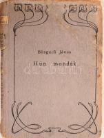 Böngérfi János: Hún mondák. Széchy Gyula és Kiss Lajos rajzaival. Ifjusági Könyvtár. Pozsony-Bp.,[1896],Stampfel Károly, (Pozsony, Éder István-ny.), 101+3 p. Kiadói szecessziós egészvászon-kötés, kopott, foltos borítóval, sérült gerinccel, az első táblán és az elülső szennylapon szúette sérülésekkel, lyukakkal.
