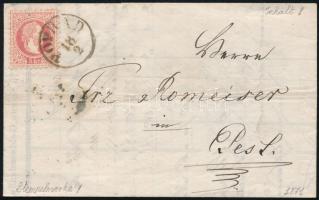 1871 5kr on cover containing a bill, "POPRÁD" - Pest, 1871 5kr számlát tartalmazó okmánybélyeges levélen (érdekes cégbélyegzés) "POPRÁD" - Pest