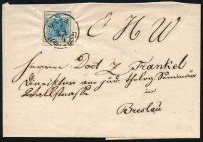 ~1855 9kr MP IIIb. szép színű bélyeg külföldre küldött levélen "BAJA" - "BRESLAU" hajtóka hiány, ~1855 9kr MP IIIb on cover sent abroad, "BAJA" - "BRESLAU" (missing flap)