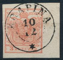 1850 3kr HP III margin piece with 8,5 mm margin, "KRAPINA", 1850 3kr HP III ívszéli nyomat 8,5 mm ívszéllel "KRAPINA"
