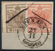 1850 3kr + 6kr HP I "EPERJES" + cancellation with pen stroke, 1850 3kr + 6kr HP I "EPERJES" + tollvonásos érvénytelenítés
