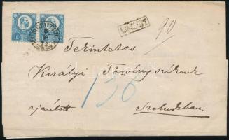 1872 Réznyomat 10kr pár ajánlott levélen "MEZŐTÚR KÜL. SZOLNOK M." - "SZOLNOK" (33.000)