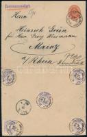 1892 5kr díjjegyes boríték 5 x Színes számú 2kr díjkiegészítéssel ajánlott levélként "BUDAPEST JÓZSEFTÉR" - Mainz