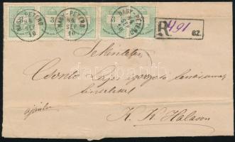 1884 5 x Színes számú 3kr, közte összefüggés, regiszterhajtással távolsági ajánlott levélen "NAGY-PETERD" - "HALAS". Látványos darab!
