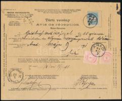 1891 Térti vevény pénzeslevélhez Színes számú 2 x 5kr + erősen elfogazott 10kr bérmentesítéssel "ARAD" - "WIEN"