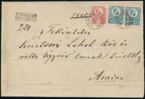 ~1872 Réznyomat 5kr + 2 x 10kr hiányos ajánlott levélen "MEZŐ KOVÁCSHÁZA" - Arad