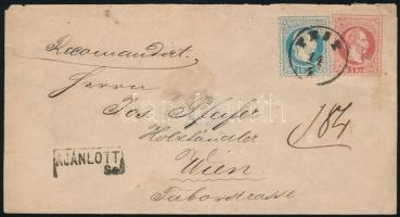 1869 5kr díjjegyes boríték 10kr díjkiegészítéssel ajánlott levélként Bécsbe