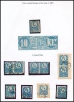 1871 Kőnyomat 10kr + 10db Réznyomat 10kr közte összefüggések, elfogazások, színes bélyegzés