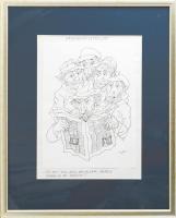 Kaján Tibor (1921-2016): Vagyonnyilatkozat (karikatúra). Tus, papír, jelzett, 22,5x17 cm. Üvegezett fakeretben