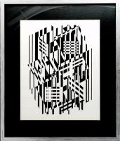 Vasarely Victor (1908-1997): AFA, 1955. Heliogravűr, papír. Neuchatel, Éditions du Griffon kiadása. Hátoldalán nyomtatott felirattal. Az 1970-es években megjelent Lineaires mappából. Üvegezett fakeretben. 32x23 cm. / Victor Vasarely (1908-1997): AFA, 1955. Photogravure on paper. Neuchatel, Éditions du Griffon. With printed description on the reverse. Framed. 32x23 cm