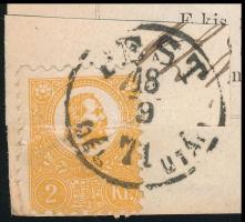 1871 Kőnyomat 2kr nyomtatványon, a bélyeg fele a címszalaggal letépve és visszaragasztva "PEST&...
