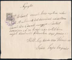 1898 Nagykőrösi nyugta okmánybélyeg helyett 1kr postabélyeggel