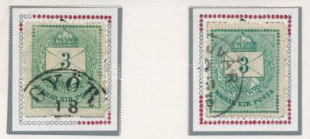 1874 2 db 3kr durva gyöngyjavítással (ex Orbán, Sebestyén aranyérmes kiállítási anyagból)