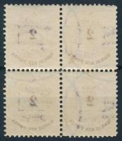 1881 2kr négyestömb a feliratok gépszínátnyomatával, vegyes minőségben (rozsda, saroktörés, foghiány / stain, folded corner, missing perf)