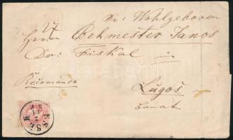 1864 / 1867 vegyes bérmentesítés!! 1867. nov. 2. 1864 10kr + 1867 5kr ajánlott levélen "ESSEK" - "TEMESVÁR RECOMMANDIRT" - "LUGOS" (a hátoldali bélyeg bontásnál eltépve)