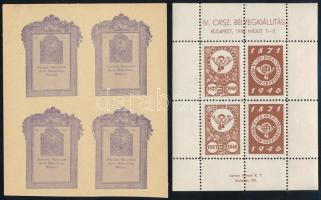 1908-1946 Felvidéki Műbarátok Antik műkiállítás 4 db-os vágott levélzáró ív + IV. Országos Bélyegkiállítás emlékív