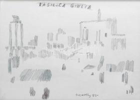 Szemethy Imre (1945-): Basilica Iulia, Róma, 1993. Ceruza, papír, jelzett. Üvegezett fakeretben, 21x29 cm