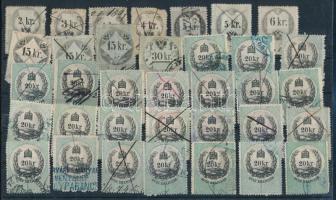 11 db klf osztrák okmánybélyeg + 24 db klf magyar 20kr okmánybélyeg