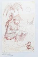 Kaján Tibor (1921-2016): Robinson, a klasszikus hajléktalan (karikatúra). Tus, fedőfehér, papír, jelzett, 21x14 cm. Üvegezett fakeretben.