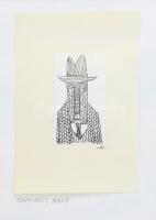 Kaján Tibor (1921-2016): Szociális haló (karikatúra). Tus, fedőfehér, papír, jelzett, 8x4,5 cm. Üvegezett fakeretben.