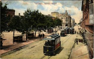1913 Opava, Troppau; Jaktarstrasse / street view, tram, shops, market (Rb)