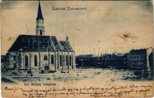 1900 Kolozsvár, Cluj; Fő tér, Szent Mihály templom / main square, church (szakadás / tear)
