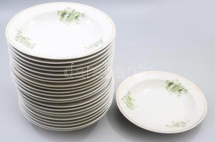 Hollóházi zöld virágmintás 23 darabos mélytányér készlet, jelzett, d: 24 cm