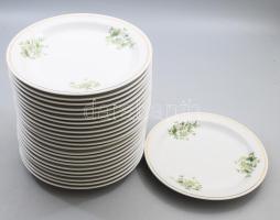 Hollóházi zöld virágmintás 24 darabos nagytányér készlet, jelzett, d: 24,5 cm