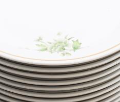Hollóházi zöld virágmintás 24 darabos nagytányér készlet, jelzett, d: 24,5 cm