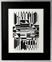 Vasarely Victor (1908-1997): TILLA, 1958. Heliogravűr, papír. Neuchatel, Éditions du Griffon kiadása. Hátoldalán nyomtatott felirattal. Az 1970-es években megjelent Lineaires mappából. Üvegezett fakeretben. 32x22 cm. / Victor Vasarely (1908-1997): TILLA, 1958. Photogravure on paper. Neuchatel, Éditions du Griffon. With printed description on the reverse. Framed. 32x22 cm