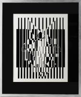 Vasarely Victor (1908-1997): CALCIS, 1956-59. Heliogravűr, papír. Neuchatel, Éditions du Griffon kiadása. Hátoldalán nyomtatott felirattal. Az 1970-es években megjelent Lineaires mappából. Üvegezett fakeretben. 32x26 cm. / Victor Vasarely (1908-1997): CALCIS, 1956-59. Photogravure on paper. Neuchatel, Éditions du Griffon. With printed description on the reverse. Framed. 32x26 cm
