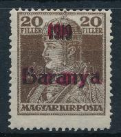 Baranya I. 1919 Károly 20f piros, fekete és arany háromszoros felülnyomással, kísérleti színpróba (az aranynak csak a körvonala látszik) Signed, Certificate: Bodor