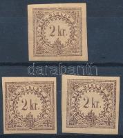 1868 3 db Hírlapilleték 2kr (min 24.000) (ráncok / creases)
