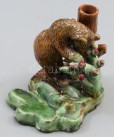 Régi medve figurával díszített mázas kerámia váza, jelzés nélkül, kis kopással, 11x9,5 cm