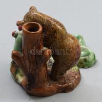Régi medve figurával díszített mázas kerámia váza, jelzés nélkül, kis kopással, 11x9,5 cm
