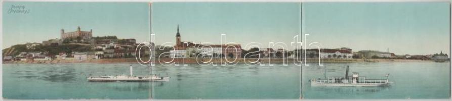 1918 Pozsony, Pressburg, Bratislava; gőzhajó, vár. 3-részes panorámalap a Dunáról nézve / steamship, castle. 3-tiled panoramacard from River Danube (szakadások / tears)