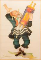 Olvashatatlan (S. M?) jelzéssel: Tórával táncoló rabbi. Nyomat, selyem. Hátoldalán Manor Gallery, Izrael eredetiségigazolásával. Üvegezett keretben. 36,5x25 cm