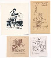 Haranghy Jenő (1894-1951): 4 db ex libris. Klisé, papír, jelzett a klisén, hátoldalán Haranghy Jenő bélyegzésével, 3x2,5 és 4x3 cm között