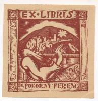 Kreisel Béla (-): Ex libris dr Pokorny Ferenc, 1934. Klisé, papír, jelzett a hátoldalán bélyegzéssel, 6x5,5 cm