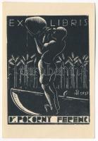 Patay Mihály (1910-1956): Ex libris dr Pokorny Ferenc, 1937. Fametszet, papír, jelzett a metszeten, 6x5,5 cm